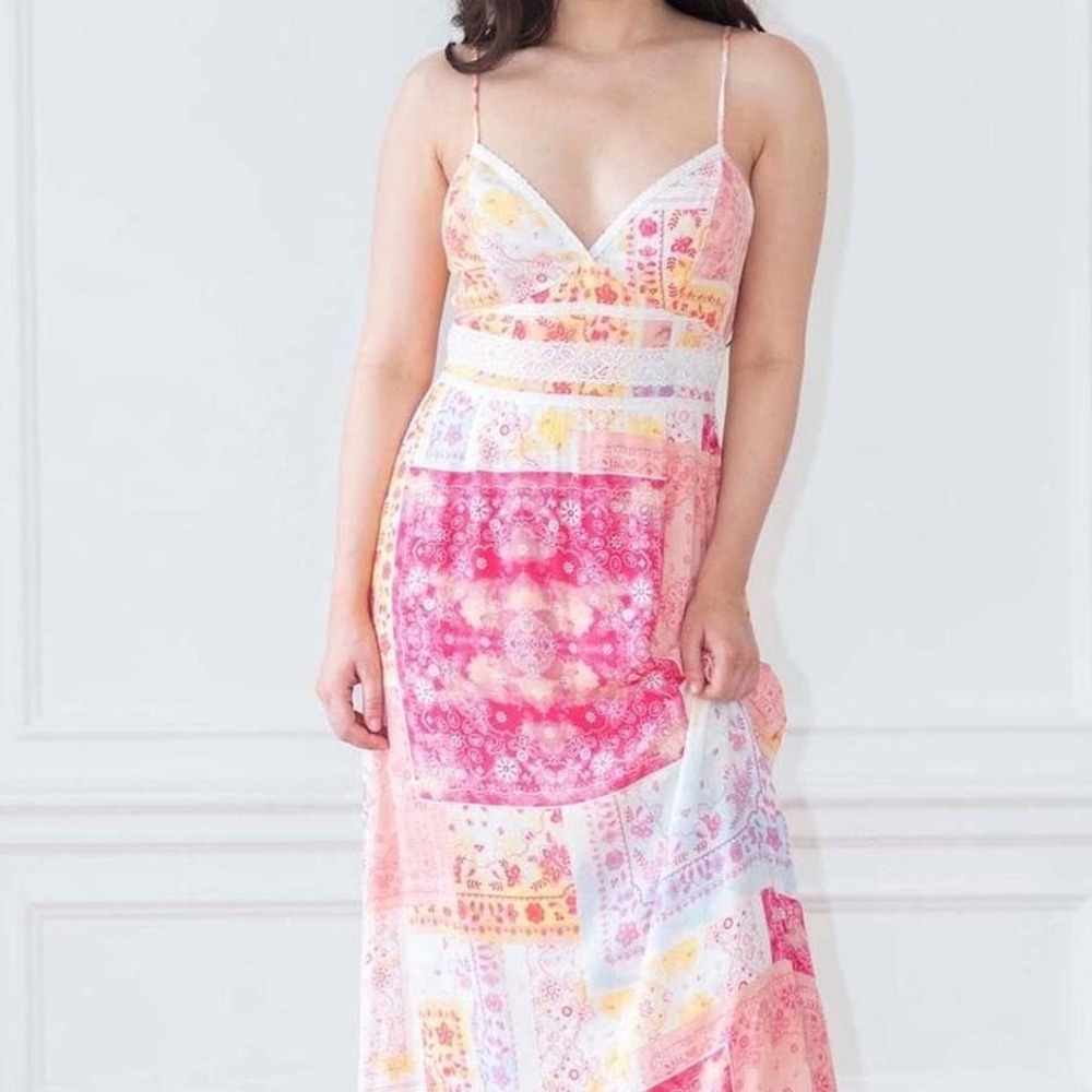 Coco + Jaimeson Pink Patchwork Bandana Maxi Dress Crochet Lace Boho Small